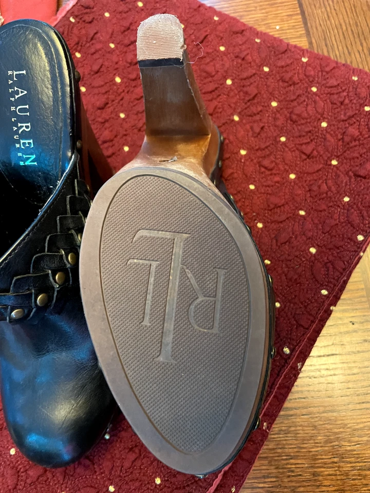 Ralph Lauren Vintage Cuero Negro Mula Madera Tacones 8 Nunca Usados Exterior Foto 3 de 4