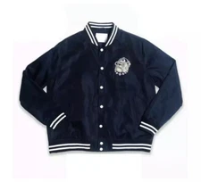 Georgetown Hoyas Satin Varsity Bomber Jacket Men’s Navy Full-Snap Script BullDog