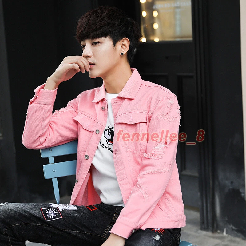 Spring and Autumn Red Denim Jacket Men Loose Jeans Overcoat Streetwear Mens  Coats and Jackets,Red,XXL