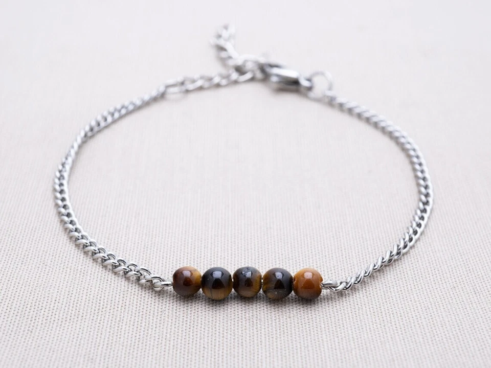 Pulseras unisex A++ ojo de tigre cadena redonda lisa cuentas de piedras preciosas 6-8"" Foto 3 de 4