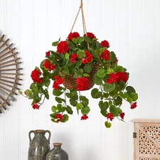 24" Flowering Geranium Artificial Plant Hanging Basket Home Decor. Retail $88