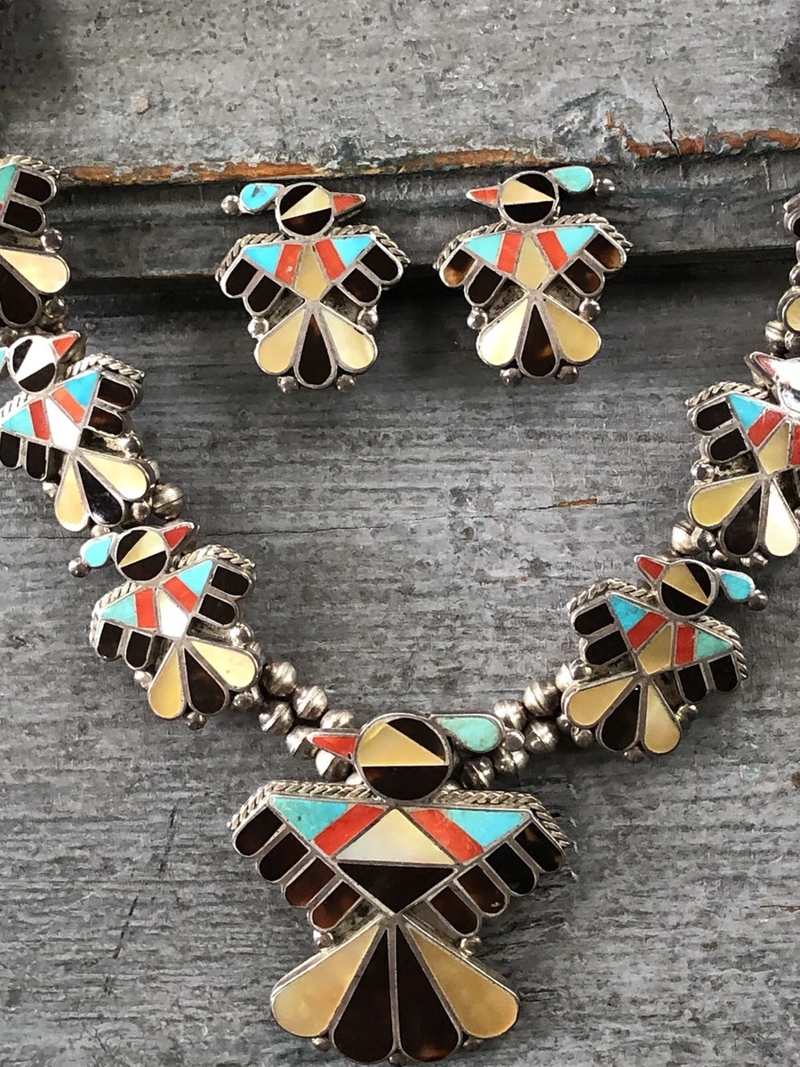 1940s 50s Vintage Zuni Inlay Squash Blossom Necklace Earrings