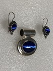 Sterling Silver 925 Oval Blue Cat Eye Hook Earrings & Matching Pendant Set — photo 4
