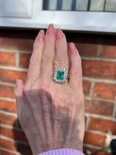 Emerald and Diamond Cluster Platinum Ring Art Deco Style Huge 2.5ct + 2.0ct