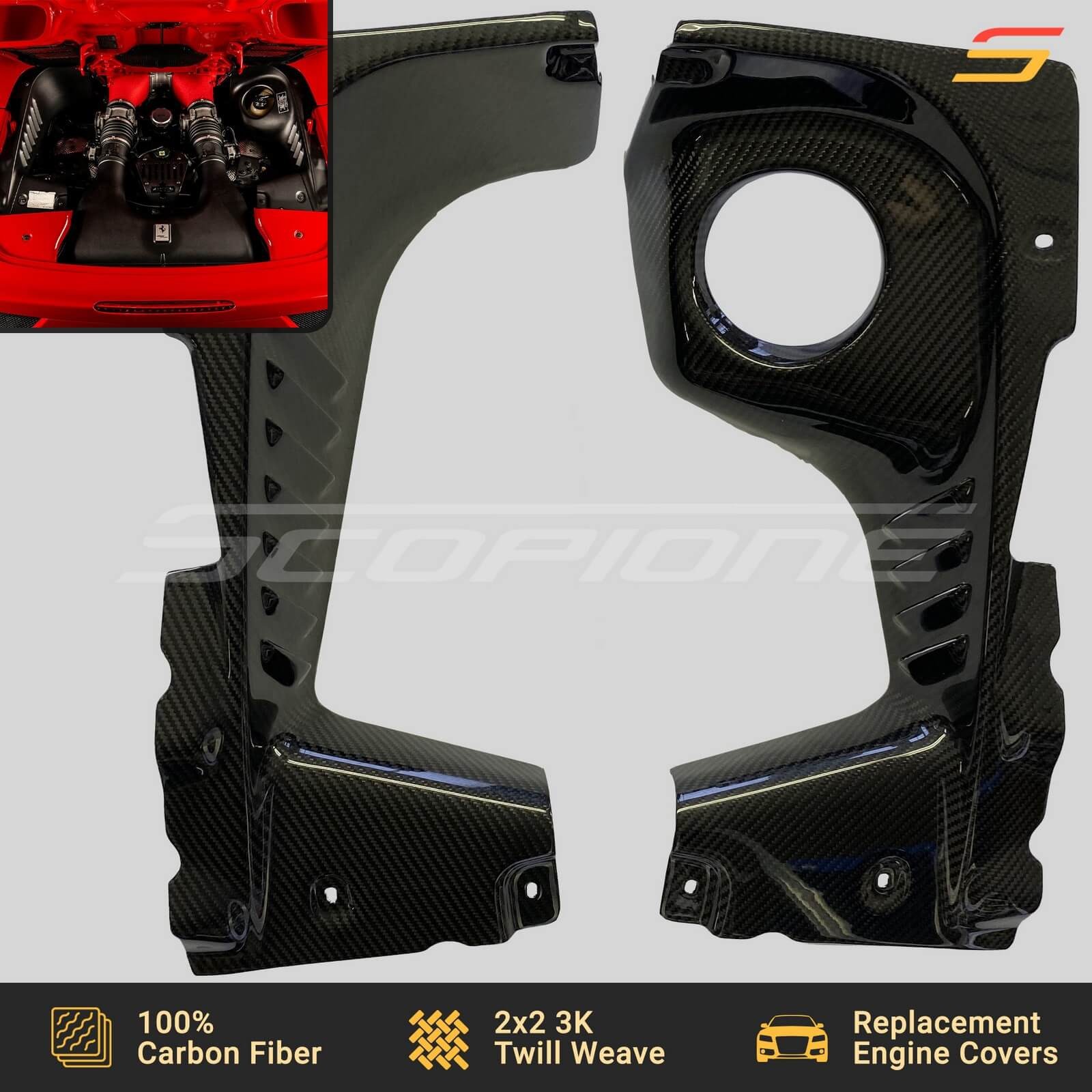 Scopione Carbon Fiber Engine Covers Panel Shield Trim Kit for Ferrari 458 Spider