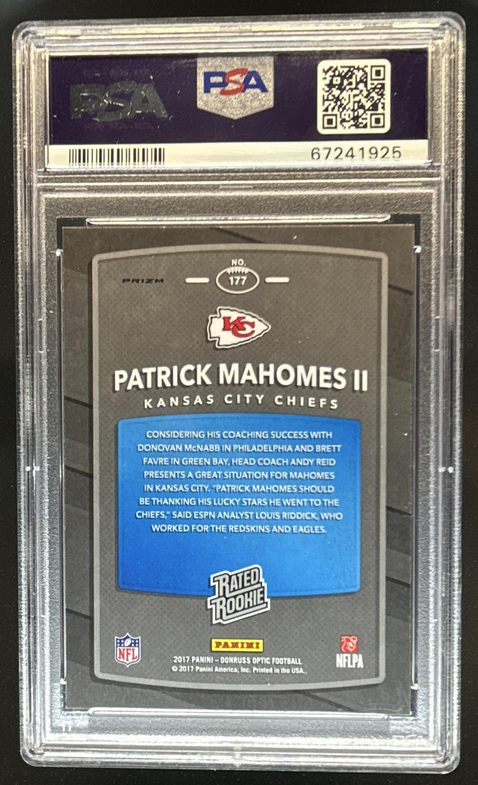 2017 Panini Donruss Optic Patrick Mahomes II Pink RC Rated Rookie #177 PSA 10 view 2