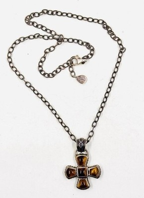 Studio Barse Vintage Sterling Silver Tigers Eye Cross Pendant 18  Chain Necklace