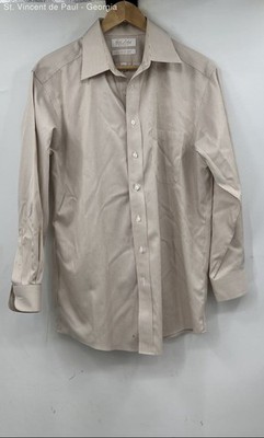 Roundtree & Yorke Beige Striped Long Sleeve EZ Wash Dress Men's 15.5 100% Cotton