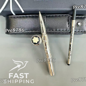Montblanc Silver Ballpoint Pen Engraved Barrel w/ Box Leather Pouch & Refill