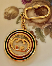 Gucci Interlocking G Logo Gold Tone Metal Keychain Red/Green Enamel Carabiner