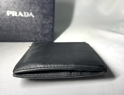 Auth PRADA Saffiano Brand Logo Black leather Money Clip Bill