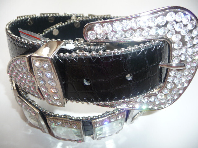 Black Cow Hide Leather Belt With Crystal Clear Rhinestones  display picture 3