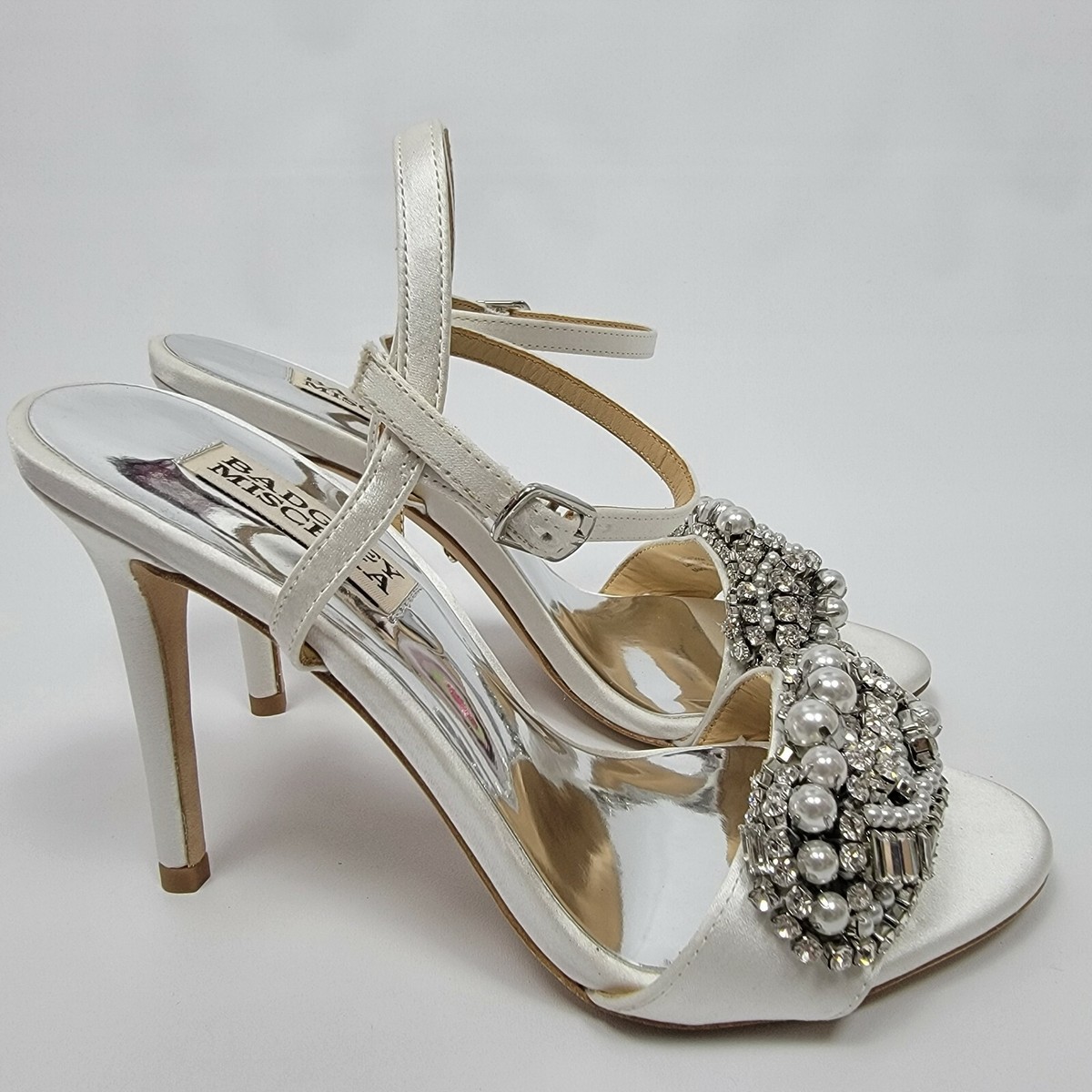 Badgley Mischka Women Odelia Heeled White Satin SandalPearl
