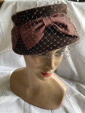 MCM Neumann  Endler Pillbox Hat 100 Wool Brown Veiled Satin Bow Union Made