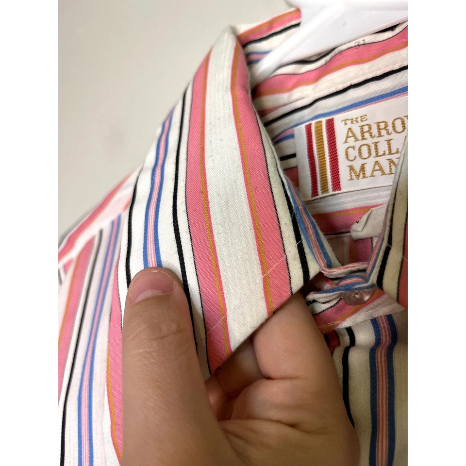 1970s Arrow Collar Man Pink Blue White Stripe Sanforized Disco Dagger Shirt L - Image 3 of 4