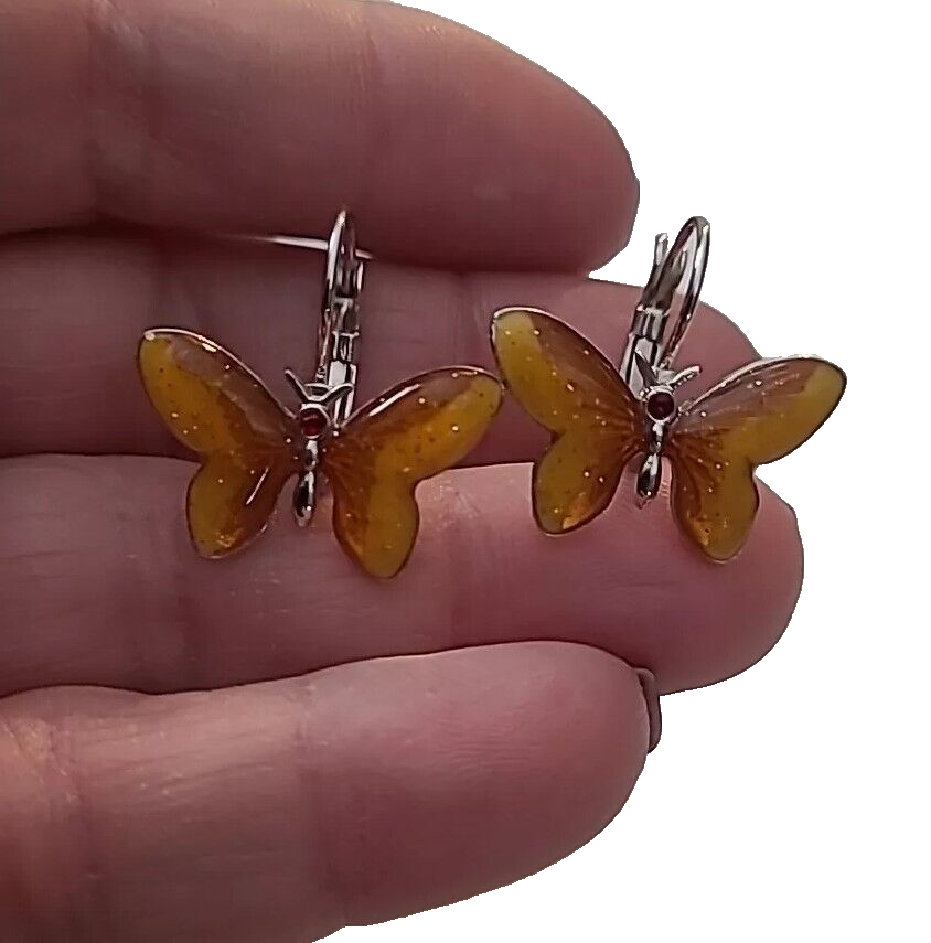Orange Brown Gold Butterfly Earrings Hinge Clasp Silver Tone