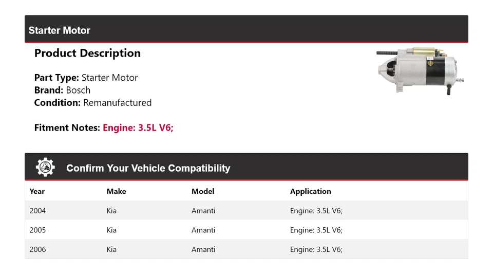 For 2004-2006 Kia Amanti 3.5L V6 Bosch Starter (Remanufactured) 2005 - Image 2 of 4