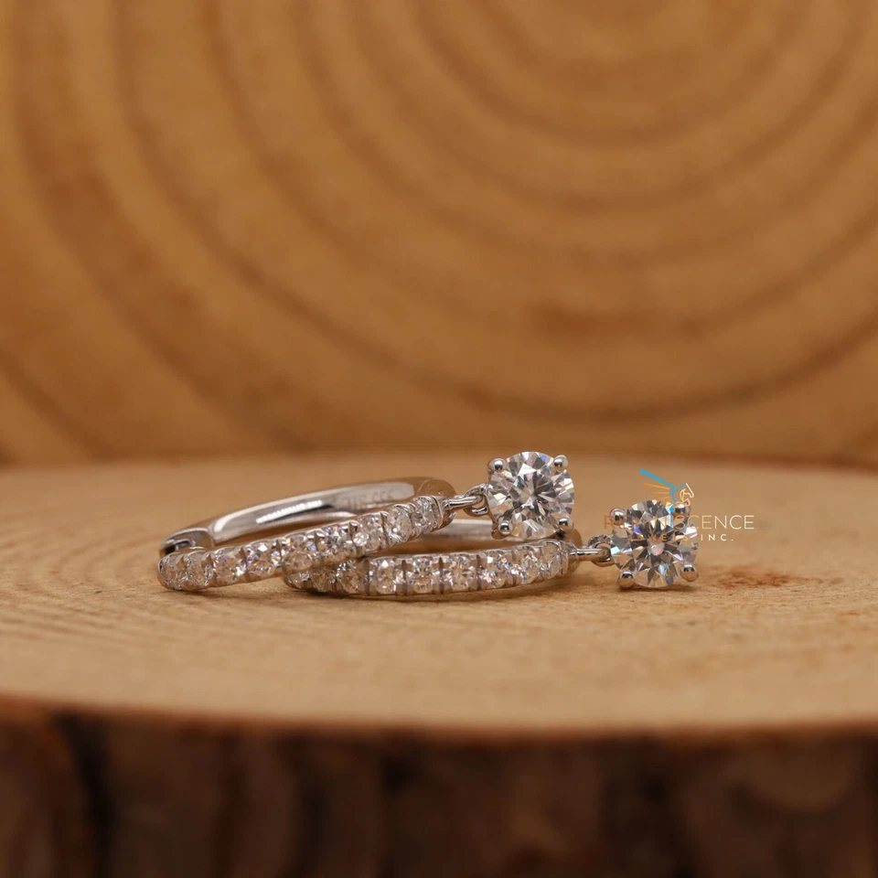 14K Gold Lab Grown Diamond Hoop Drop Earrings Round Cut Dangle Style Earrings - Image 2 of 4