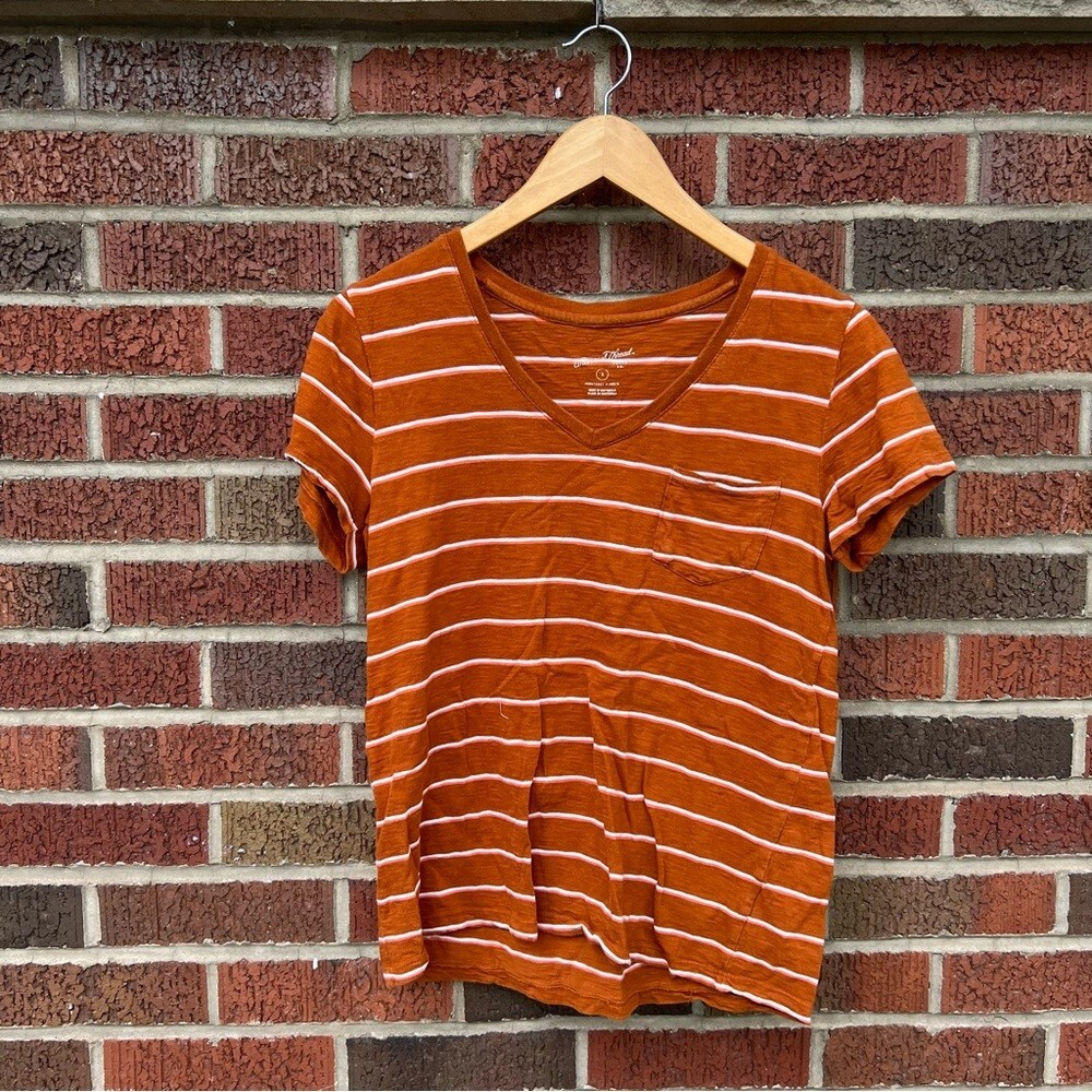 Universal Thread Pink White Striped V Neck Short … - image 1