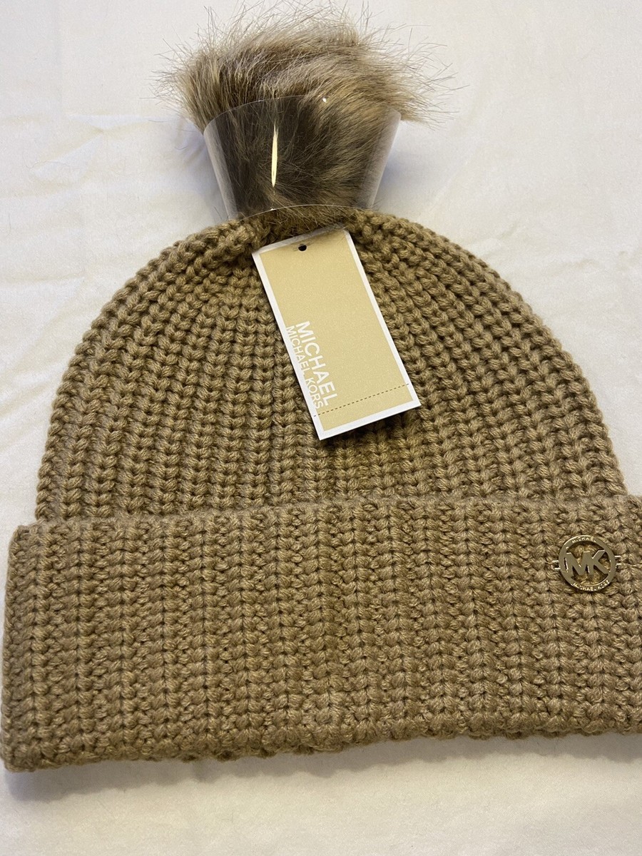 NWT Michael Kors Cable Knit Beanie Camel Pom Pom MK Logo New! Michael Kors Cable Knit Pom Fleece Lined | Mercari main image 3