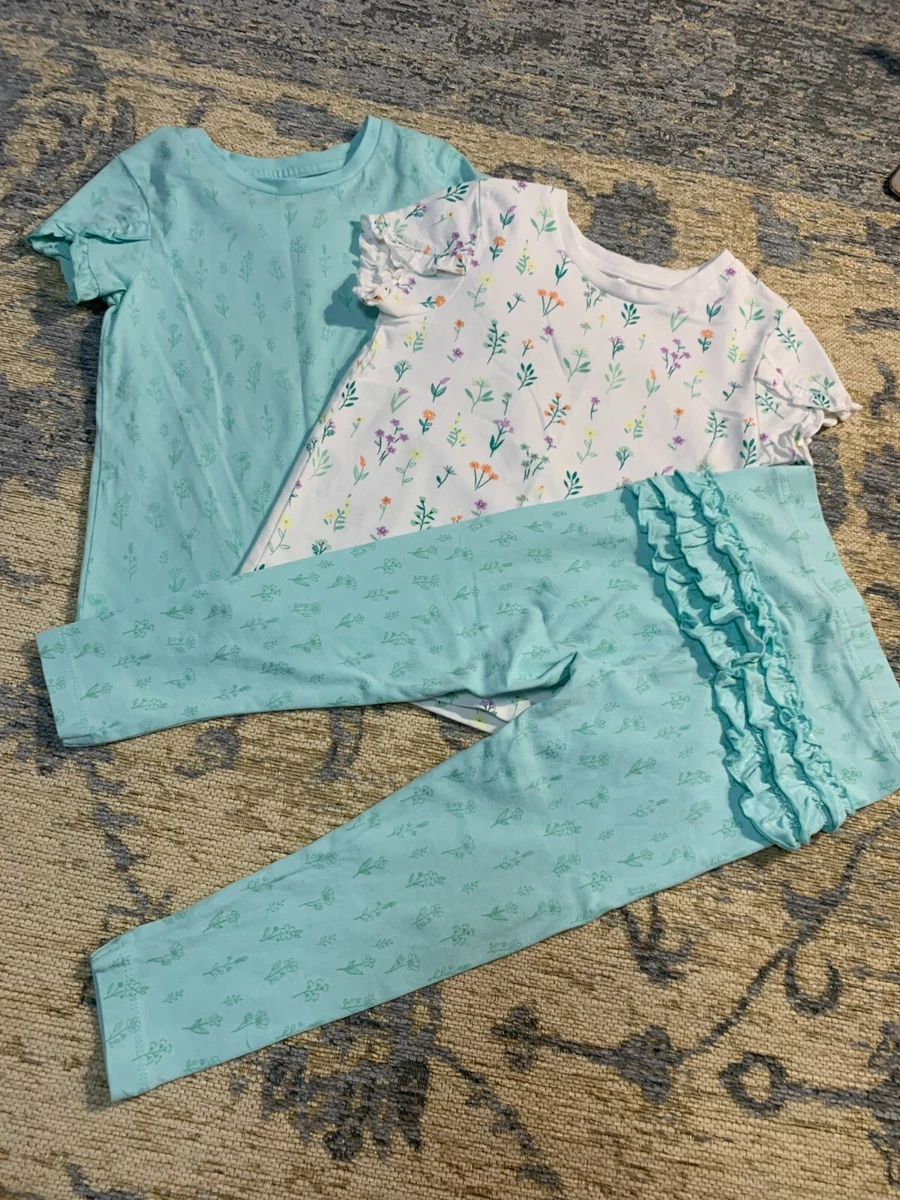 GEORGE ASDA TURQUOISE FLORAL RUFFLE TRIMMED TWO TOPS & LEGGINGS SET- 2-3  YRS