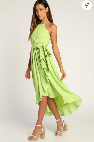 LULUS Lime Green Faux-Wrap Ruffled Midi Dress - Picture 1 of 6