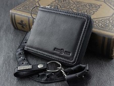 Wallet for Men Sheep Leather Zipper Card Biker Wallet With Safe Chain Black