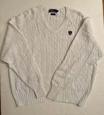 Vintage 1990s Polo Ralph Lauren White Cable Knit Sweater Golf Logo Medallion XL