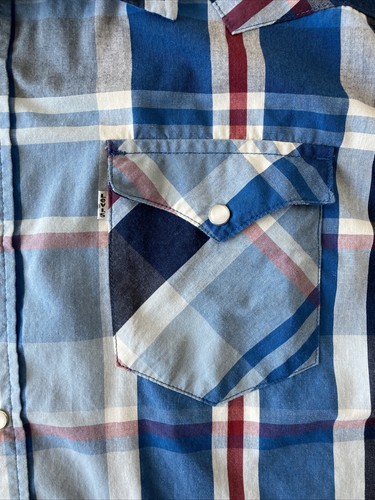 Levis Shirt Western Pearl Snap Mens XL Short Sleeve Plaid Red White Blue - Picture 7 of 11