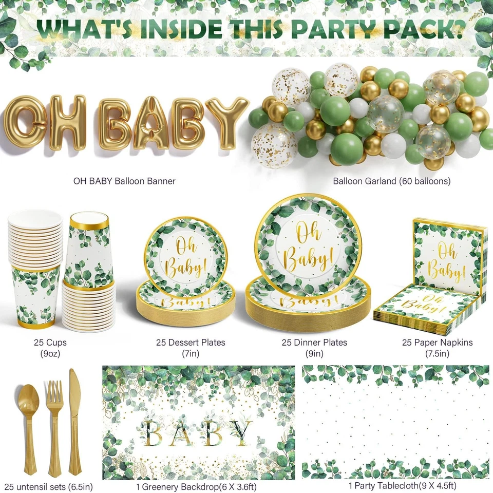 Girl Boy Sage Green Baby Shower Decorations 247 PCS (25 Guest) Boho Greency P... - Image 2 of 4