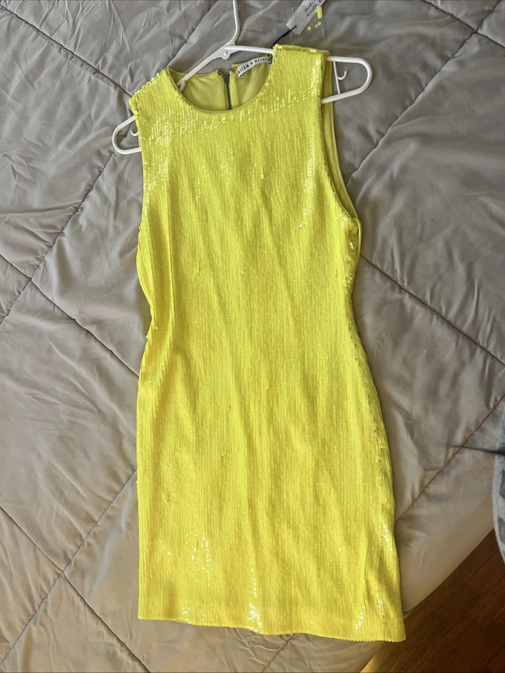 Alice + Olivia NWT $550 Yellow Sequin Sleeveless Dress Lemon Sorbet Sz6 MINT CON - Image 3 of 4
