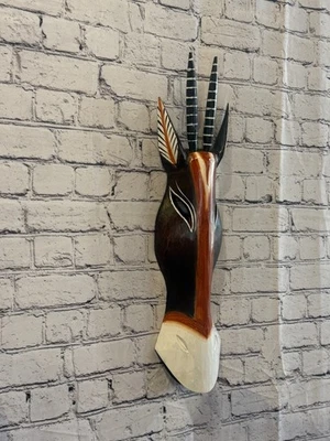 50cm Antelope Hand Carved Fair Trade Wooden Animal Wall Art Wall Hang Mask - Image 1 of 4
