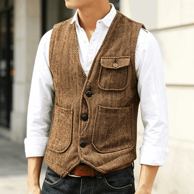 Mens Button Down Herringbone Tweed Vest Regular Fit Vintage Wedding Business Top