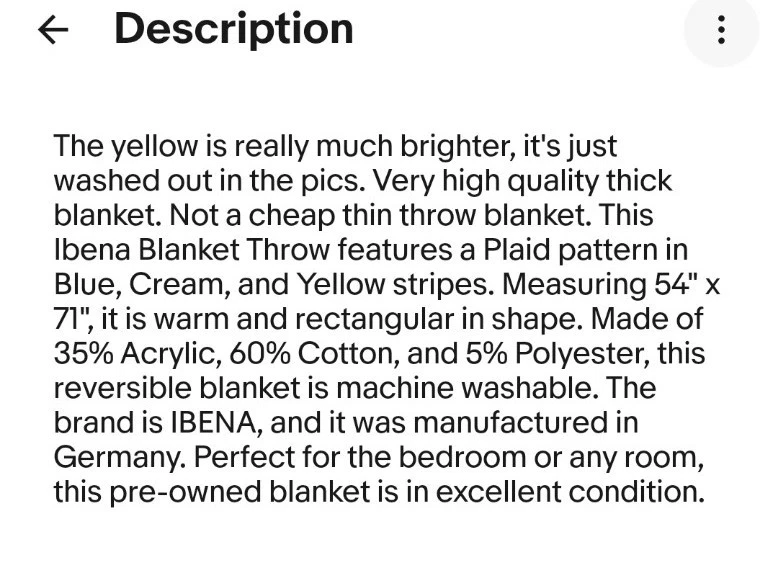 Ibena Blanket Throw BLUE -CREAM YELLOW PLAID STRIPES 53” x 71” EXCELLENT COND - Image 2 of 4