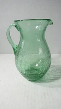 CRACKLE GLASS GREEN PITCHER Nice art glass green pitcher 5.5" Blenko?