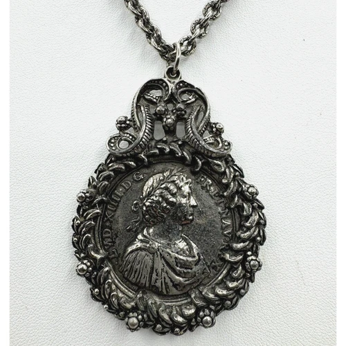 Louis XIV Coin Ornate Pewter Pendant with Original Vintage Chain Silver Tone