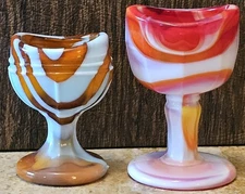 2 Vintage Slag Glass Eye Wash Cups ~2 1/4" Blue & Orange and 2 5/8" Red & White 
