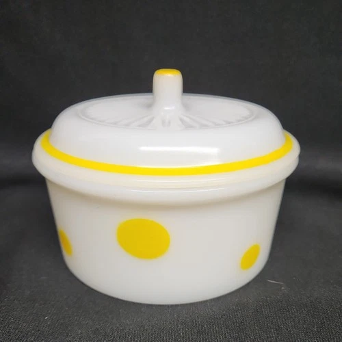 Vintage Anchor Hocking Fire King Glass Candy Dish Jar white w/yellow Polka Dots