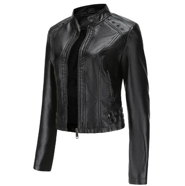 Mujeres Calce Ajustado Remache Motociclista Punk Chaqueta Informal Cuello Alto Corto Motocicleta Abrigo Foto 2 de 4