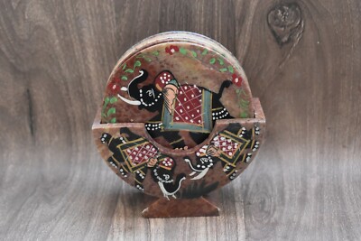 Brown marble Round Coaster Set of 6 with Stand hand enamel painted decor gift
