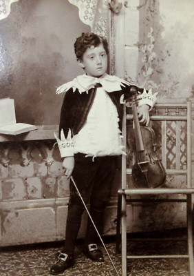 Antique Boy Violin Fancy Outfit Cabinet Photo Lace Collar Woodstock IL 1890s