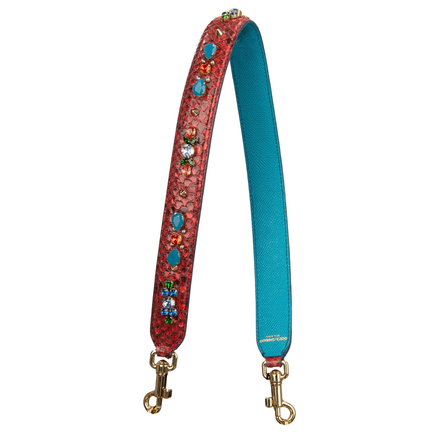 DOLCE & GABBANA Crystal Studs Snake Leather Bag Strap Handle Red Blue 12801