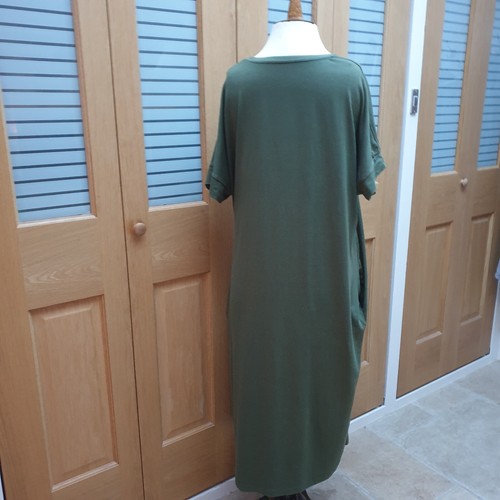 SIZE 20/22 (52" BUST) OLIVE GREEN COTTON STRETCH LAGENLOOK DRESS 48" LENGTH-USED - Picture 3 of 7