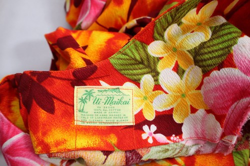 Vtg 60s UI MAIKAI Hawaiian L 14 Hibiscus Print Cotton Barkcloth Maxi Dress - Picture 7 of 7