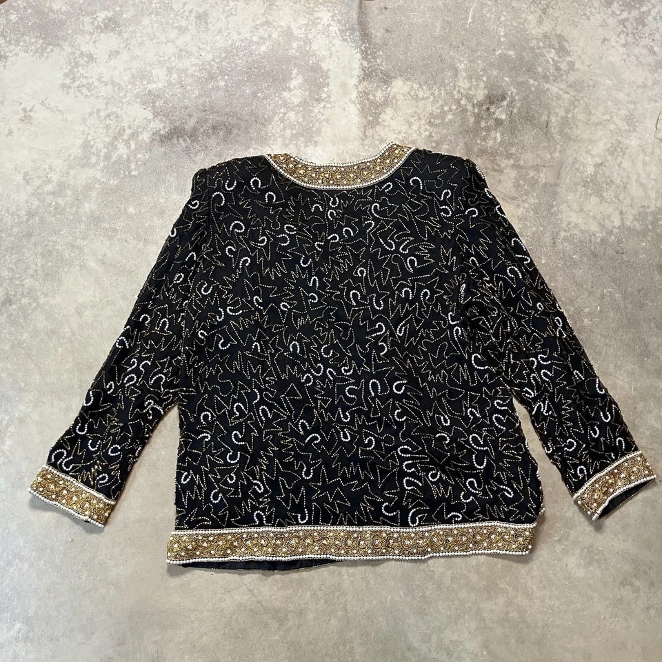 Blazer Laurence Kazar Mujer XL Negro Adornado con Cuentas 100% Seda Foto 4 de 4