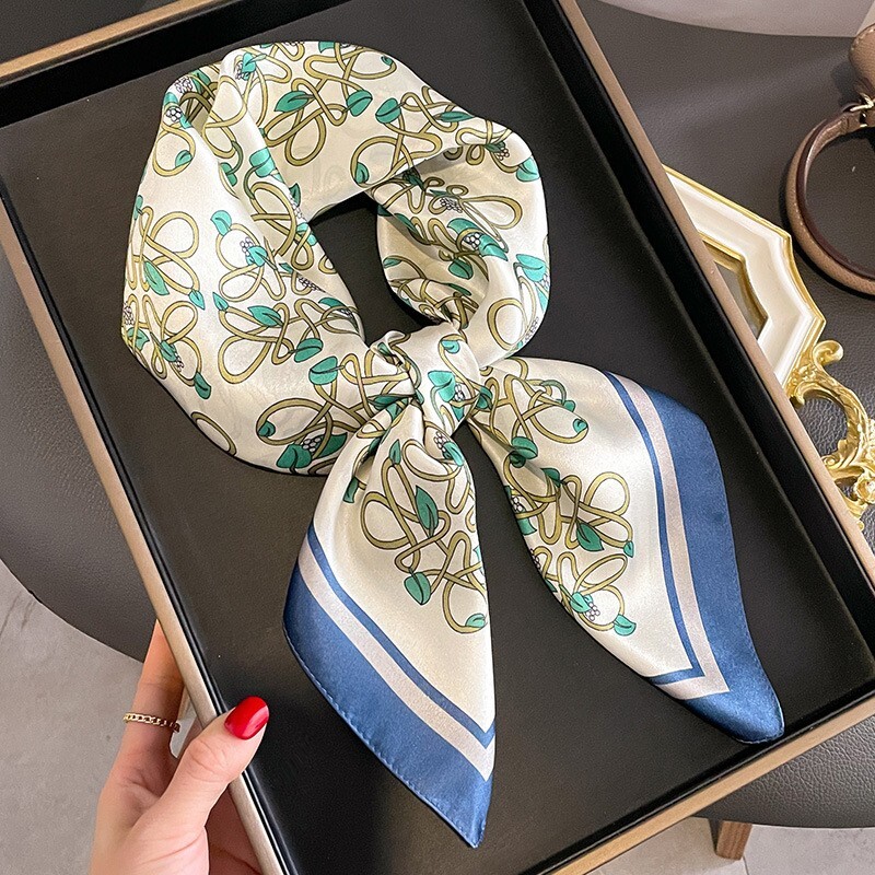 100% Pure Silk Square Scarf for Women - White Green Floral Print 68x68cm Neck Wrap