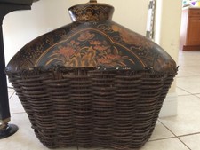 ANTIQUE Chinese Basket Immortals lacquer Willow RARE HUGE Box Cranes Long Life