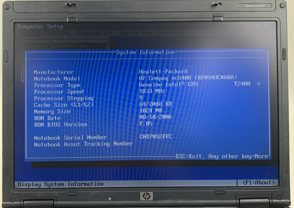 HP Compaq NC6400 Centrino Duo T2400 1.833GHz 1GB RAM 14.0" No Battery No HDD/OS - Image 3 of 4