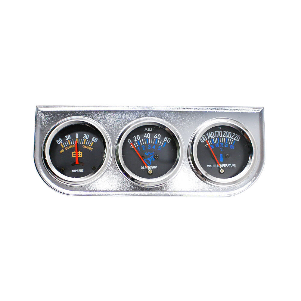 Chrome 2'' 52mm Mechanical Triple Gauge Set Oil Pressure Water Temp AMP