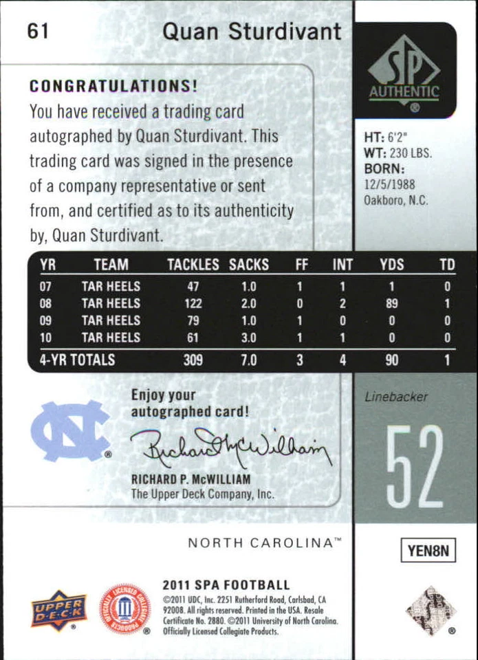 B3818- 2011 SP Authentic Autographs #61 Quan Sturdivant E Auto SAMPLE PIC - Image 2 of 2